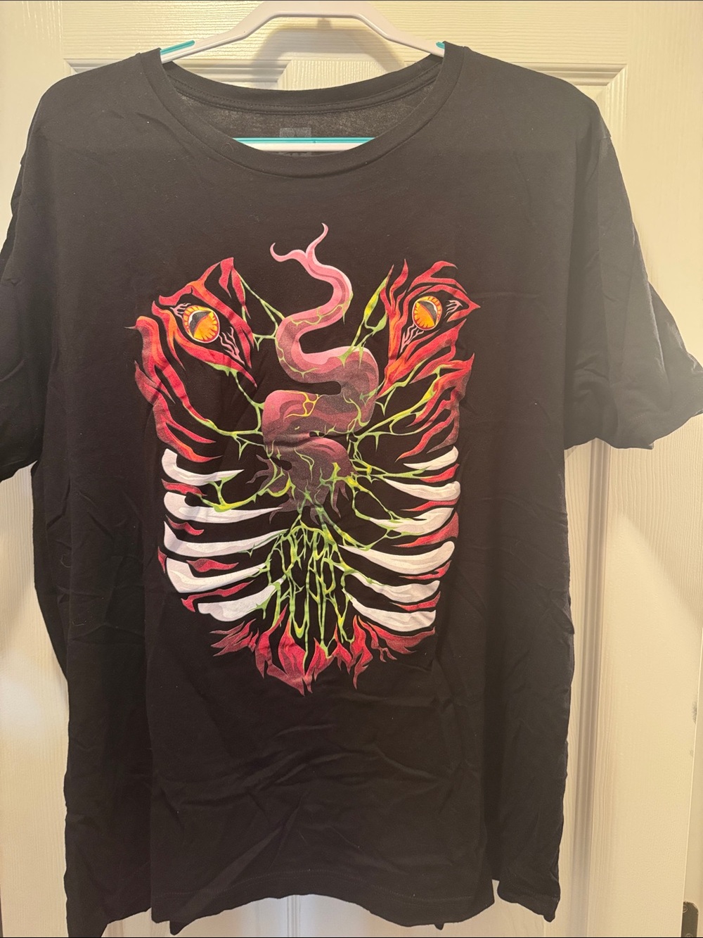 WWE Black Graphic Short Sleeve Tee with Red, Pink & Green Ribcage Snake Design